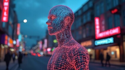 Futuristic Wireframe Human Silhouette Against Neon City Lights