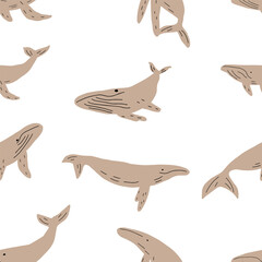 childish seamless pattern with whales in scandinavian style. Ocean animals. Pattern for kids with whales.
