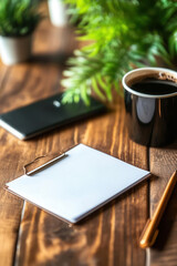 Blank Notebook Mockup  Coffee Cup  Pen  Wooden Desk  Green Plant