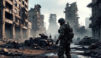 soldier, gear, makeshift, city, ruins, metropolis, remnants, apocalyptic, destruction, urban, desolation, survival, dystopian, Generative AI