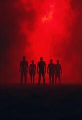 Fototapeta premium Silhouetted figures emerge from a red fog, evoking a mysterious and eerie atmosphere, perfect for dramatic storytelling, horror themes, or creative projects.