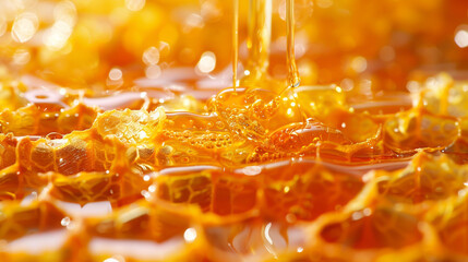 Sweet honey oozing from the hive, glistening under the sunlight.