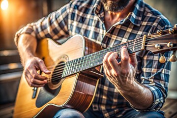 Fototapeta premium Close-up of man hands playing acoustic guitar in plaid shirt