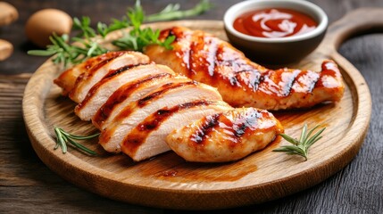Grilled chicken breast on a wooden platter with herbs and a side of barbecue sauce, perfect for a healthy meal.
