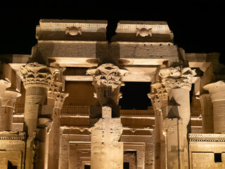 View with night lighting of the Kom Ombo temple on the banks of the great River Nile in Egypt