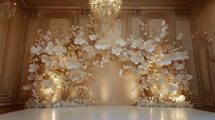Elegant floral wedding backdrop adorned with luxurious gold accents creating a chic and glamorous design for a grand and sophisticated event