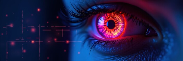 A close-up of a futuristic eye with a vibrant red iris, symbolizing advanced technology and innovation in fields like AI, security, and digital monitoring.