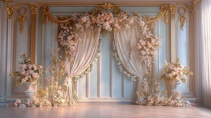 Obraz premium Elegant vintage backdrop adorned with lush floral arrangements ornate gold accents and luxurious decorative elements creating a grandeur setting for timeless and events