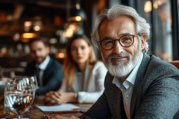 A man with glasses is sitting at a table with two other people