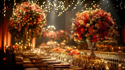 Lavish floral arrangements shimmering gold accents and a grand elegant aesthetic create a stunning luxurious event decor setting for a formal or reception