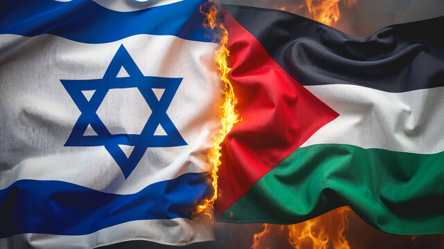 The flags of Israel and Palestine both on fire, symboling the war between the countries. Israel VS Palestine.