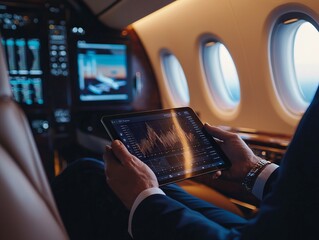 Businessman reviewing data on a tablet in a private jet.