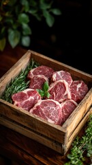 A rustic wooden box holds juicy pork chops garnished with fresh herbs, emphasizing a farm to table culinary experience.