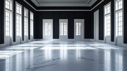 Empty white and black modern interior design room with marble floor and large windows