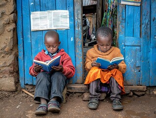 Two young children read books outside a blue door.