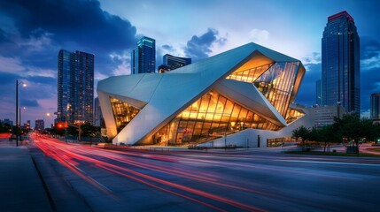 Fototapeta premium Modern building with geometric shapes against a city skyline during blue hour
