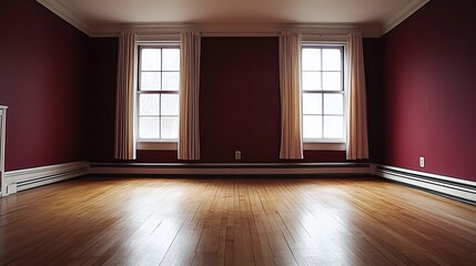 Obraz premium Empty living room with hardwood floors and two large windows. Real estate interior design concept photo.