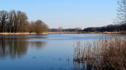 Fototapeta premium Serene lakeside view reflecting trees under a clear blue sky on a tranquil afternoon