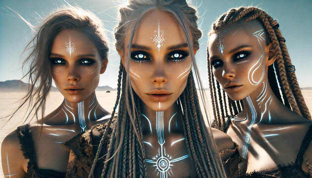 Futuristic desert witches with glowing eyes and silver tattoo - Powered by Adobe