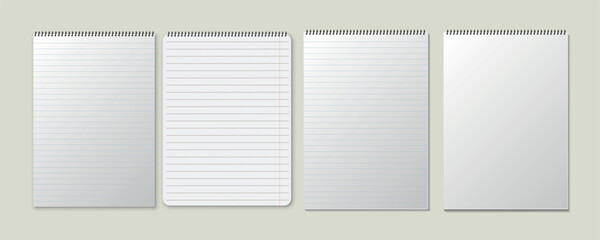 Set of vector realistic illustrations of a torn sheet of paper from a workbook with shadow, isolated. Set of notebook template.