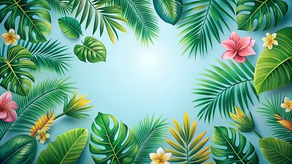 Naklejka premium Tropical leaves and flowers frame with light blue background.