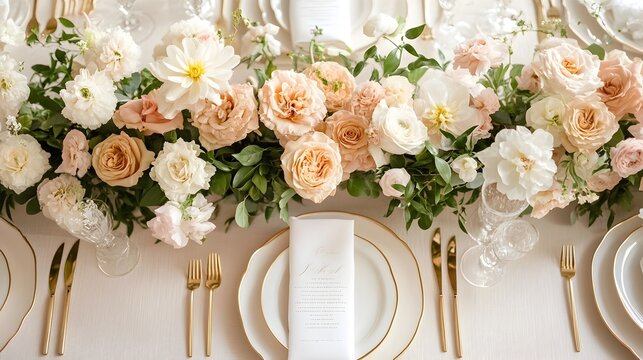 Lavish and opulent tablesetting featuring exquisite gold floral centerpieces fine china silverware and other elegant accoutrements for a high end sophisticated wedding or formal event
