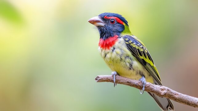 Detailed high-resolution close-up of a Coppersmith Barbet perched elegantly on a branch, with its bold red throat and multicolored feathers vividly portrayed against a soft, out-of-focus background.