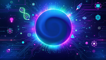 Fototapeta premium A vibrant digital illustration featuring a glowing orb surrounded by neon circuitry and scientific symbols. The design is futuristic and dynamic, symbolizing innovation and technology.