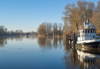 Fototapeta premium Tranquil morning on the river with a docked tugboat and gentle reflections of nature