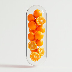 Transparent capsule with oranges on light background, concept of vitamin benefits and natural nutrition