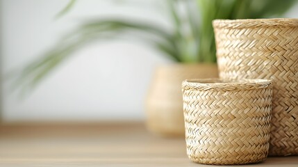 Fototapeta premium Handwoven Basket with Intricate Patterns - Artisanal Craftsmanship in Natural Materials Showcasing Rustic Charm and Skillful Design