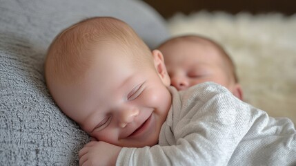 Joyful baby smiles while cuddling with sibling on a soft blanket at home