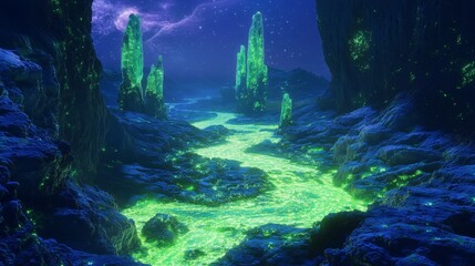 Obraz premium Luminous Green Stream Flowing Through an Enchanted World - Made with Generative AI