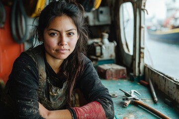 Obraz premium A Young Woman in Work Clothes Poses for a Portrait in a Ship's Workshop