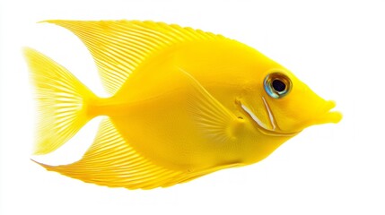 Yellow Tang native to coral reefs glides gracefully in clear waters displaying its bright yellow hue and unique body shape. This fish is popular in aquariums.