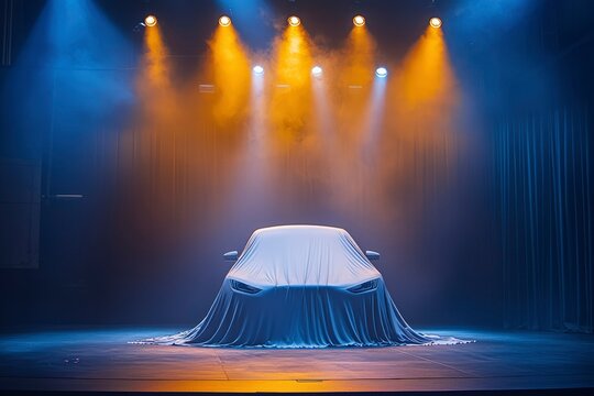 A Car Covered in a Sheet Under Stage Lights