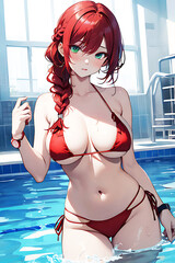 a cartoon of a girl in a bikini with a water bottle