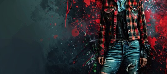 Fototapeta premium 90s Grunge Fashion Banner with Plaid Shirts, Ripped Jeans, Dr. Martens Boots, and Graffiti Background