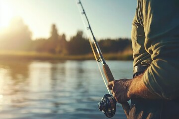 Close-up of a Fisherman's Hand Holding a Fishing Rod by a River at Sunset