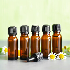 four small bottles of medicine one of which has a flower in the middle