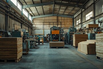 Industrial Woodworking Factory Interior with Machinery and Workers
