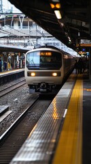 Obraz premium A sleek train approaches the bustling platform of a vibrant city station during rush hour