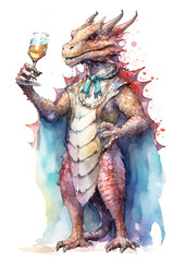A dragon is holding a glass of wine and wearing a bow tie