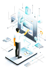 a man stands on a giant computer screen and points to a screen that says quot t quot
