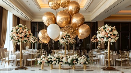Luxuriously Decorated Grand Event Featuring Shimmering Air Balloon Displays Exquisite Floral Arrangements and Shimmery Gold Accents for a Chic Elegant