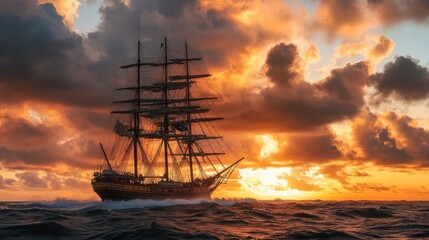 Obraz premium A large ship with multiple masts fights a storm at sea, as dark clouds and a glowing orange sunset create a striking visual contrast.