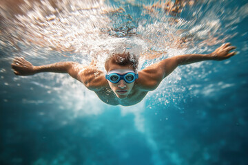 Naklejka premium A man is swimming in the ocean wearing goggles