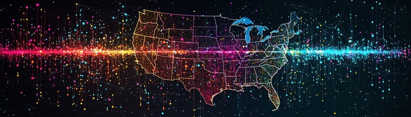 Fototapeta premium Colorful digital map of the USA, abstract visualization with bright particles and a vibrant gradient.