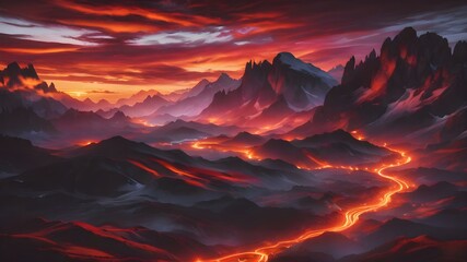 A sky filled with deep red and orange tones as the sun sets behind mountains, casting a dramatic, almost apocalyptic glow over the landscape
