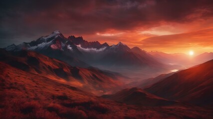 A sky filled with deep red and orange tones as the sun sets behind mountains, casting a dramatic, almost apocalyptic glow over the landscape
